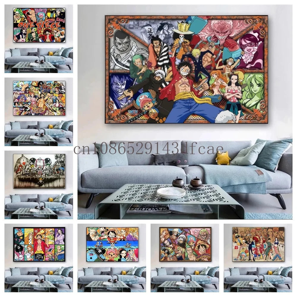 A high-definition One Piece Canvas Painting featuring Monkey D. Luffy in a watercolor art style, hanging on a modern living room wall.