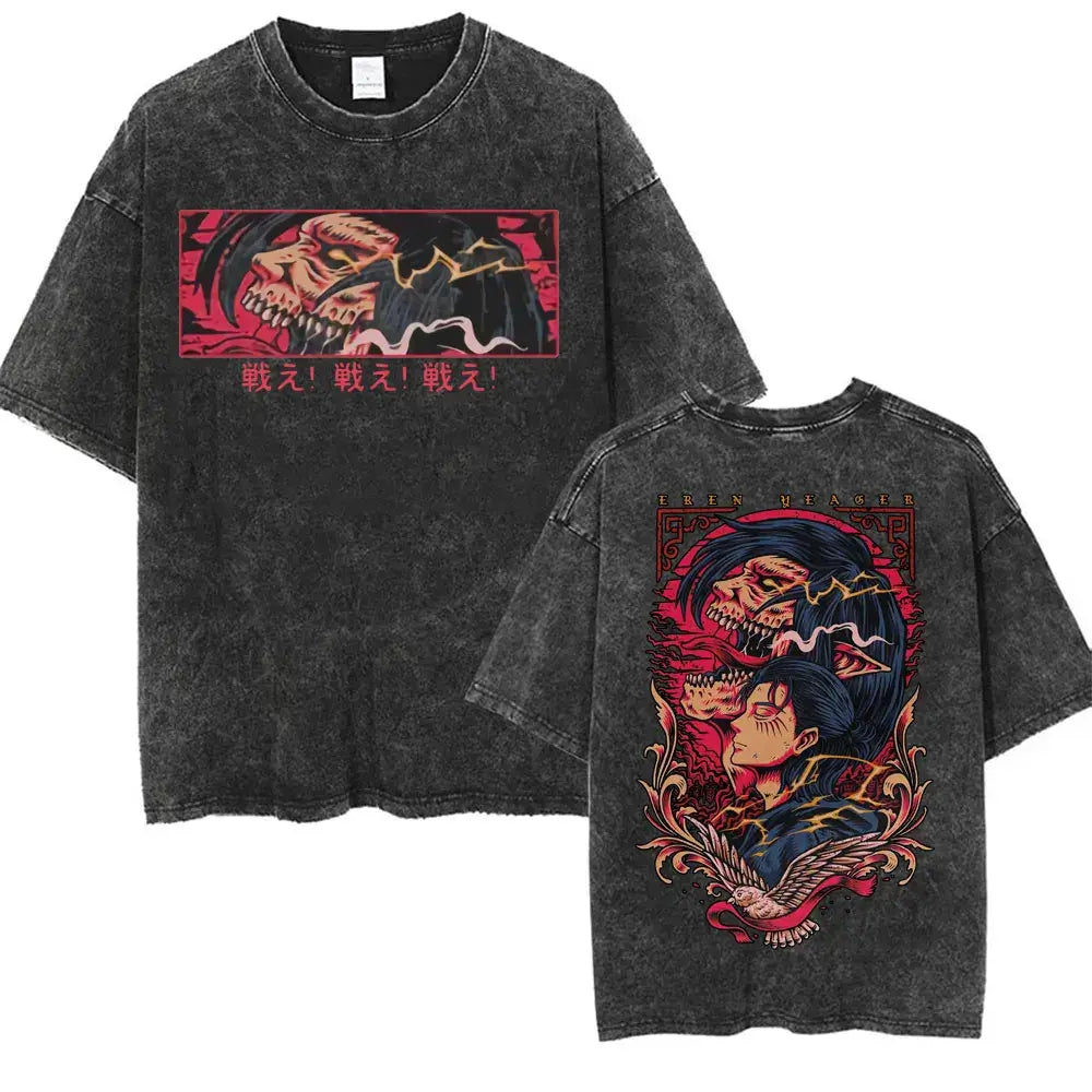An oversized Attack on Titan Washed T-shirt featuring a vintage Levi Ackerman graphic, a stylish streetwear item for men and women.