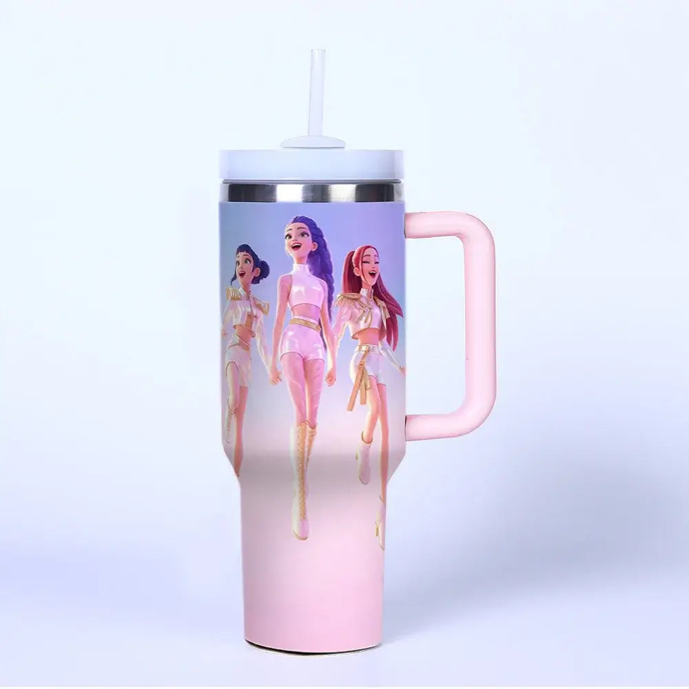 A 40oz stainless steel K-Pop Demon Hunters Cup featuring cartoon prints of anime girl group characters Rumi, Zoey, and Mira, designed for car travel.