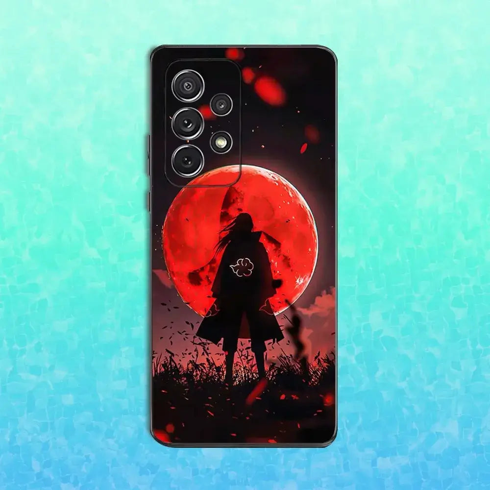 A black soft silicone Itachi Phone Case featuring Uchiha anime art, compatible with Samsung Galaxy S25, S24, S23, S22 Ultra and Plus models.