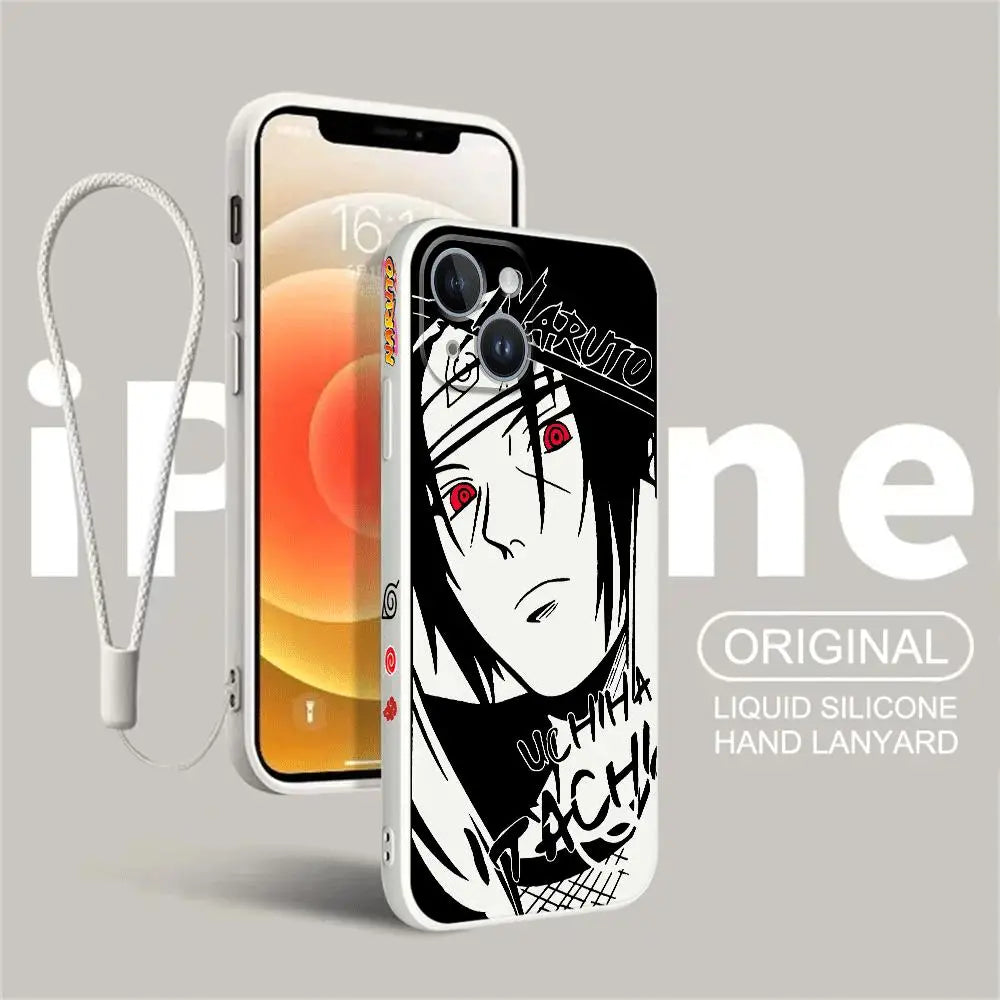 A premium Kakashi Itachi Phone Case featuring square liquid silicone design and anime art for Apple iPhone 15, 14, and 13 Pro Max.