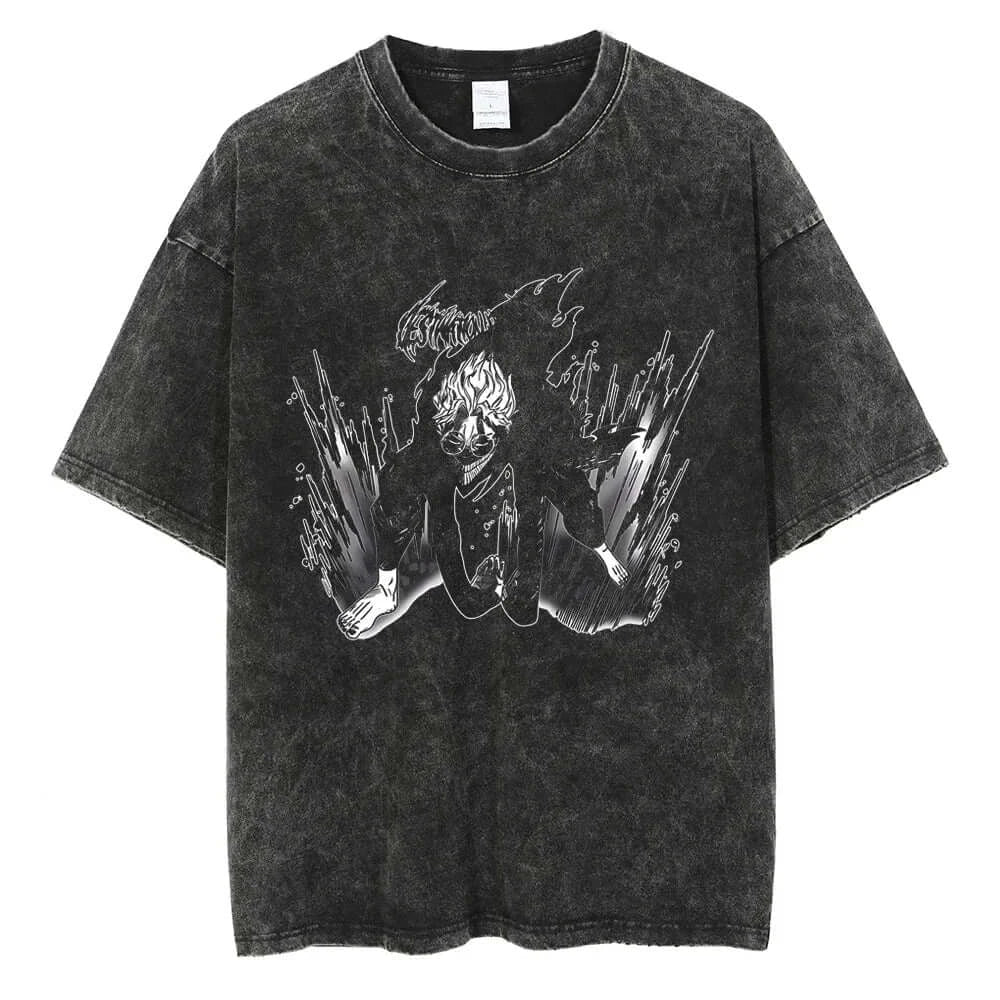 An oversized Anime Dandadan Ken Takakura T-shirt with a washed vintage print of Okarun for men.