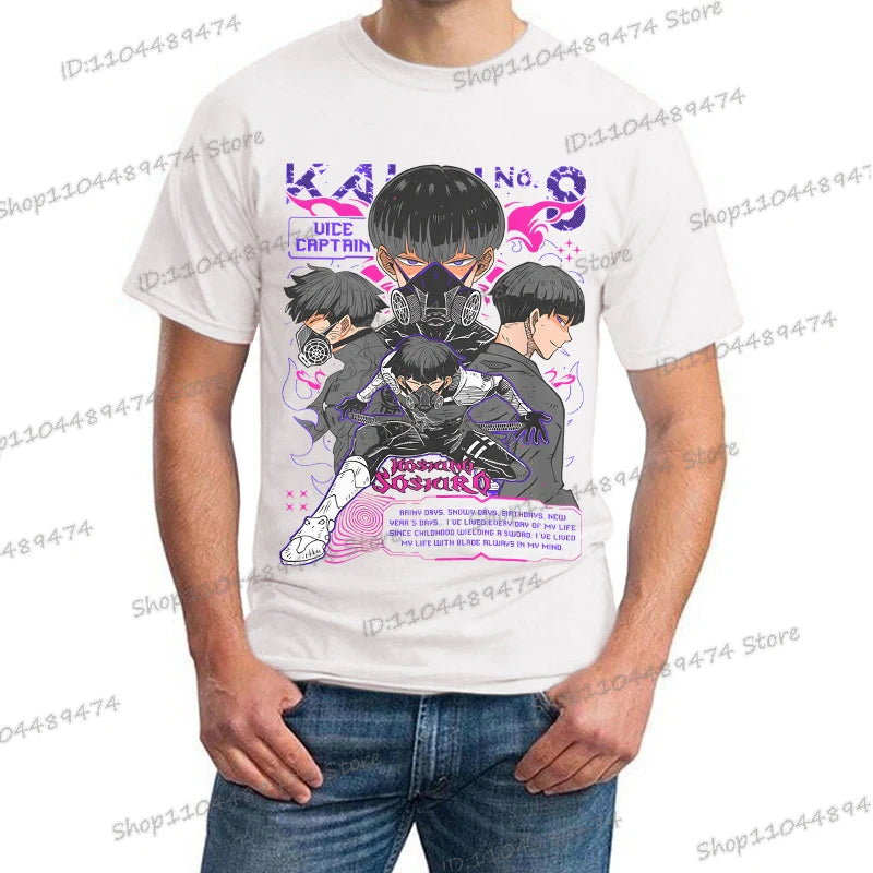 A trendy Y2K Anime Kaiju No 8 T-shirt with a creative Soshiro Hoshina print for men and women.
