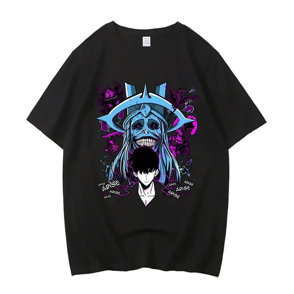 A high-quality Japanese Anime Solo Leveling T Shirt with a Sung Jinwoo cartoon graphic in a Harajuku short sleeve style.