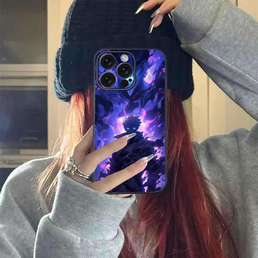 A soft TPU Solo Leveling Phone Case featuring Sung Jinwoo anime art, compatible with Apple iPhone 16, 15, and 14 Pro Max.