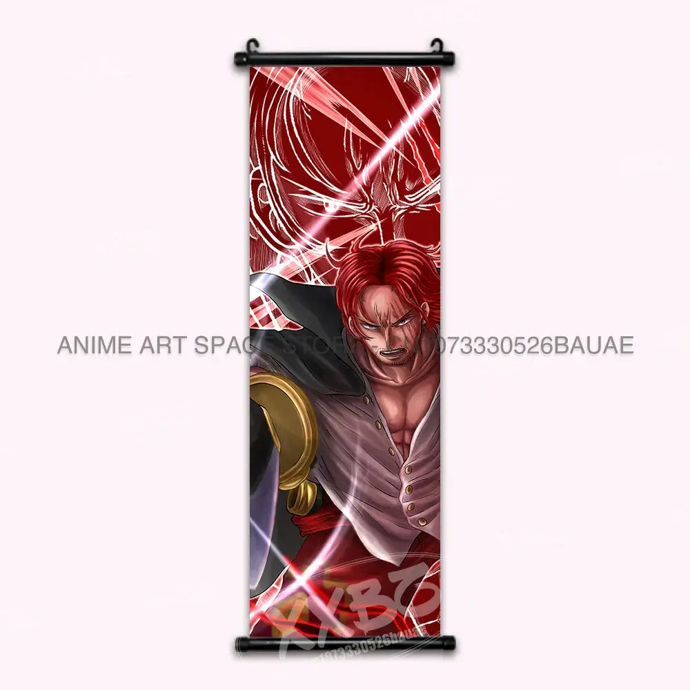 A vibrant One Piece Hanging Painting featuring anime characters Monkey D. Luffy, Portgas D. Ace, Sabo, and Shanks on a canvas scroll for home decor.
