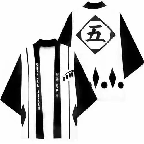 A stylish Bleach Cosplay Kimono cardigan featuring Kurosaki Ichigo and Kenpachi Zaraki designs, functioning as a Haori cloak for parties and cosplay.