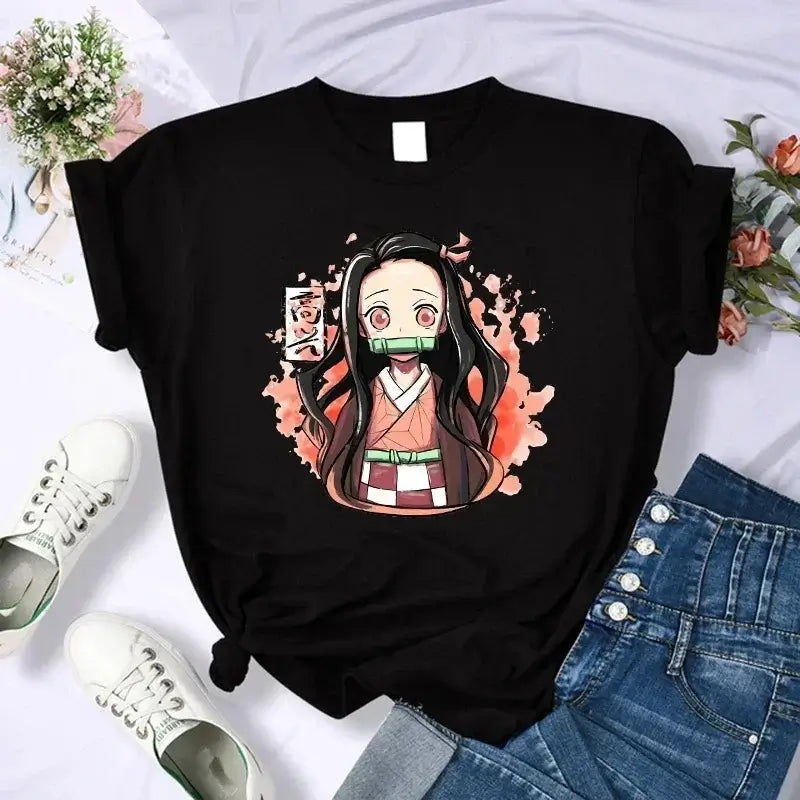 A Demon Slayer T Shirt for Women, a female Kimetsu No Yaiba graphic tee with a Nezuko and Tanjirou Kamado print.