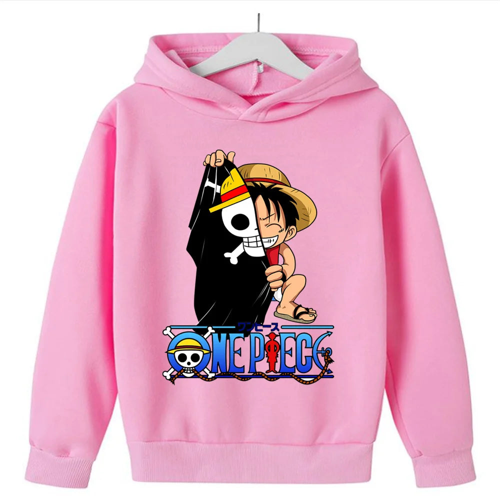 A 2025 New Anime One Piece Hoodies for Kids, a fashion Luffy pullover and hip hop coat for boys' clothing and cosplay.
