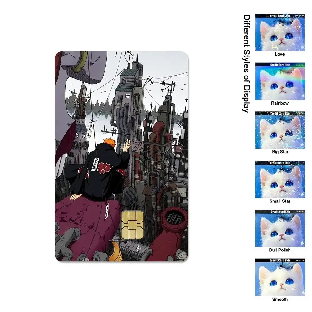 A waterproof Naruto Credit Card Skin PVC sticker featuring Uchiha Sasuke anime art applied to a standard debit bank card.