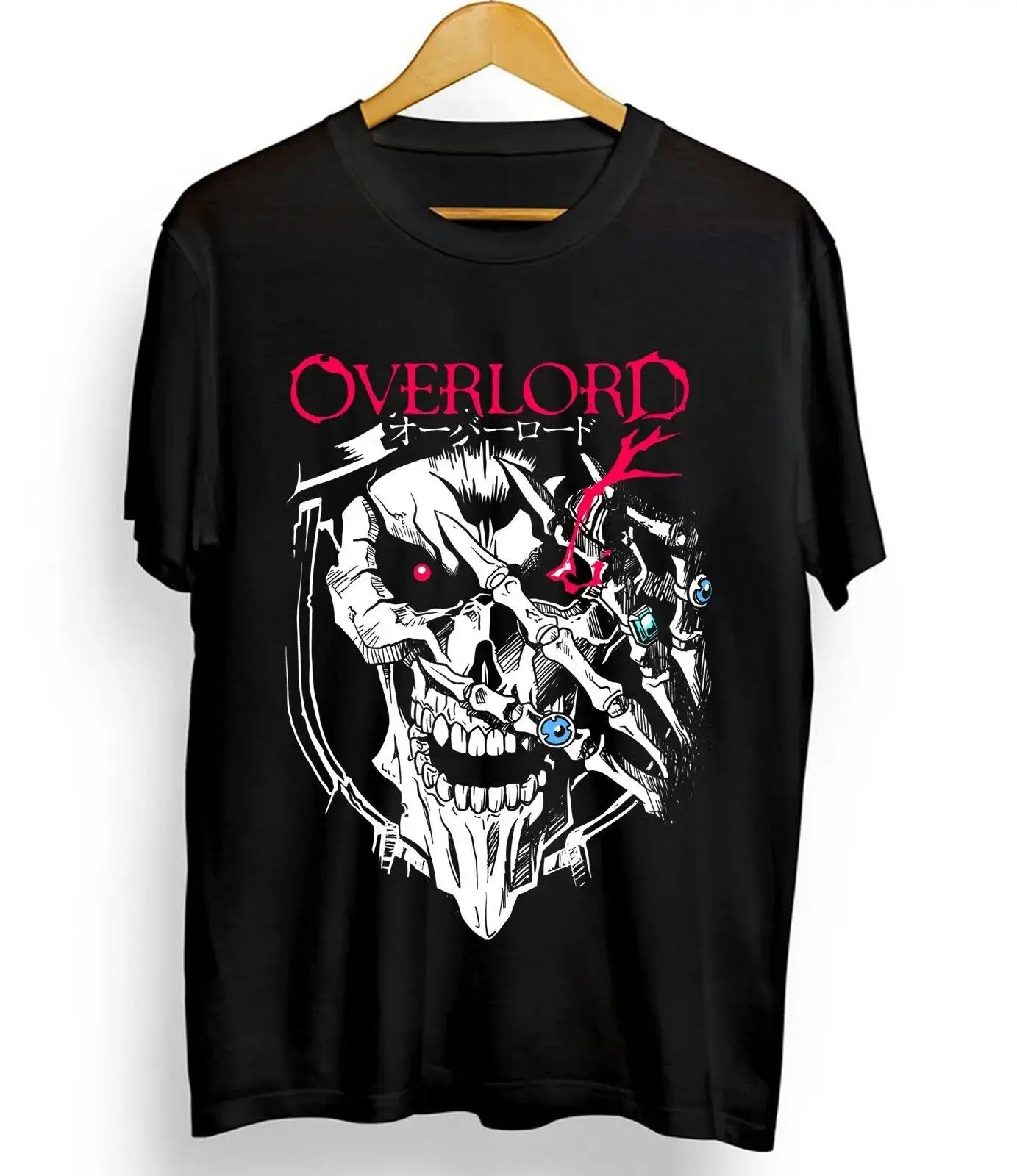 Overlord Ainz T-shirt featuring a detailed skull graphic of Ainz Ooal Gown with Albedo, perfect anime manga gift available in all sizes.