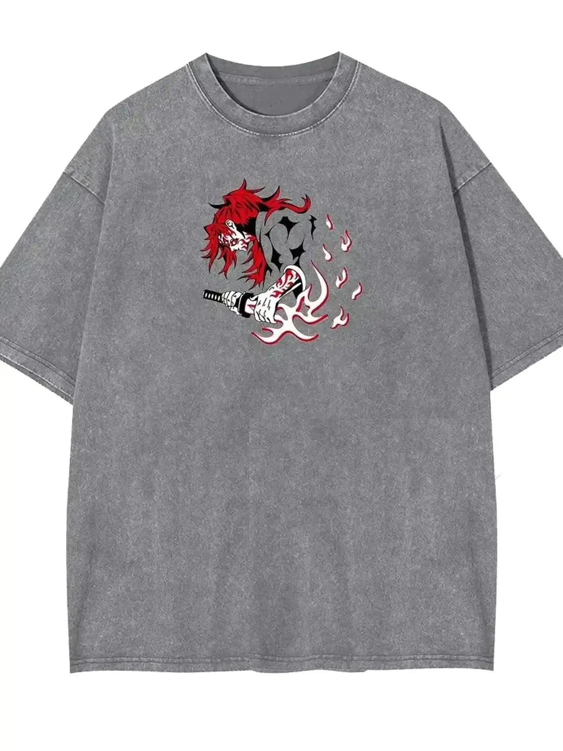 A vintage washed Harajuku Anime Demon Slayer Graphic T-shirt Kokushibo in an oversized hip hop streetwear style for men and women.