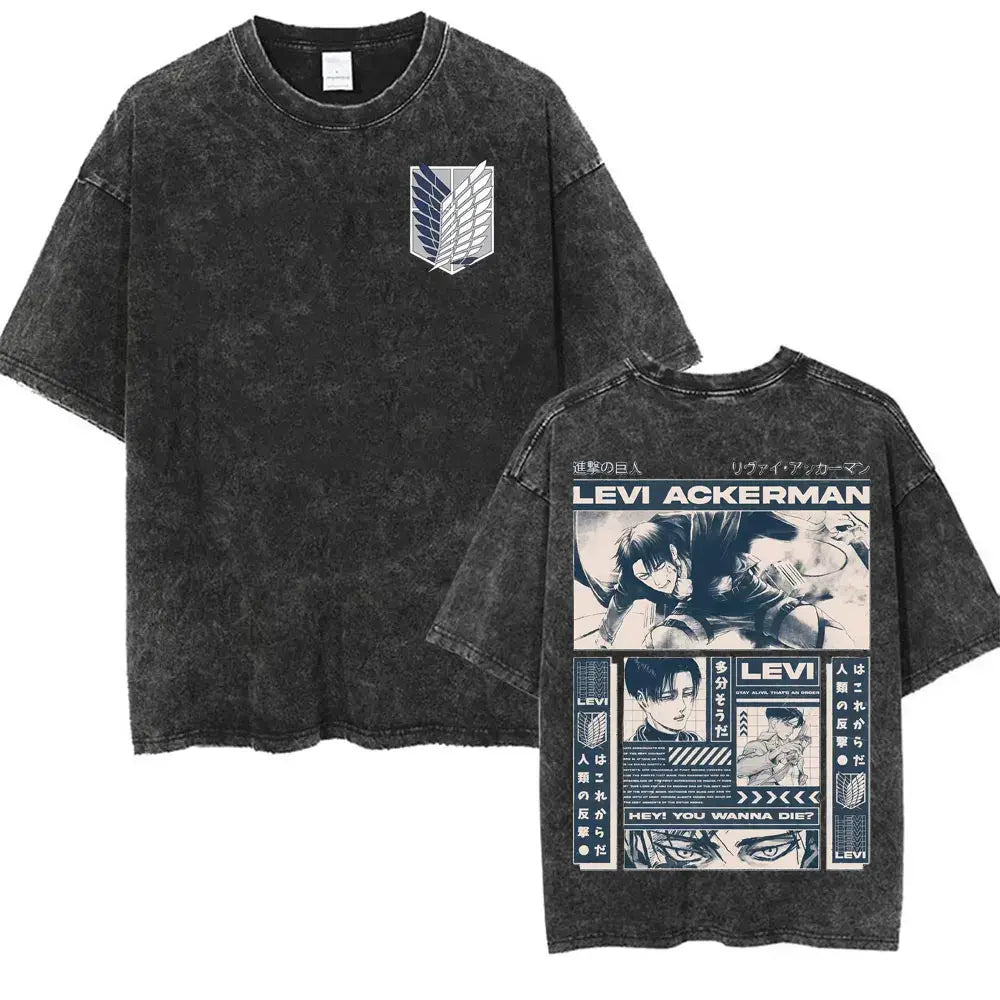 An oversized Attack on Titan Washed T-shirt featuring a vintage Levi Ackerman graphic, a stylish streetwear item for men and women.