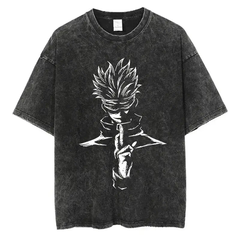 A vintage-style Anime Washed T-shirt made of 100% cotton, featuring an oversized Harajuku streetwear fit for men and women.