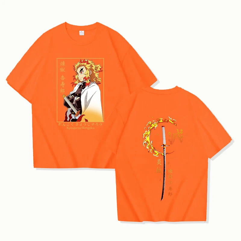 A hot new Rengoku Kyoujurou Printed Tee Shirt, a casual round neck summer unisex top for Demon Slayer fans.