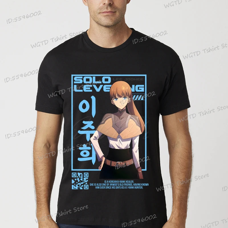 A vintage black Solo Leveling Anime T-Shirt featuring a funny Sung Jinwoo graphic print, available in sizes S to 4XL for men and women.