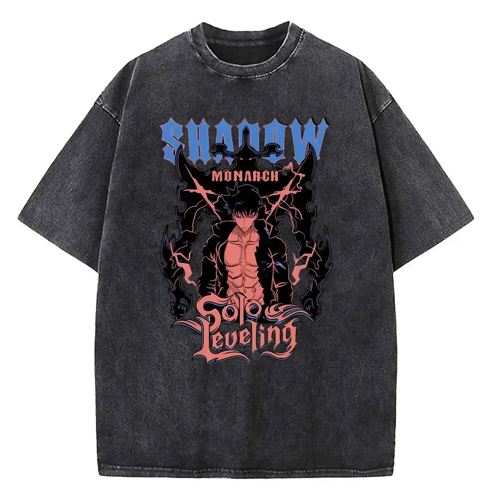 A vintage-style Solo Leveling Vintage T-shirt made of washed black cotton featuring a Sung Jinwoo graphic print, designed as Harajuku streetwear.