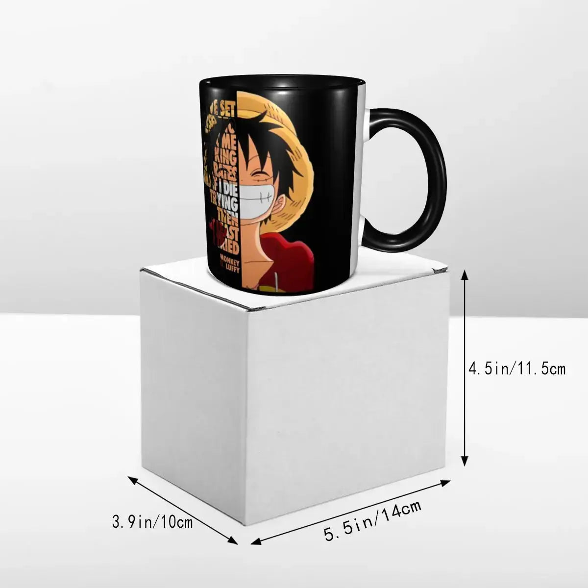 A ceramic Monkey D Luffy Quotes One Piece Mug featuring funny anime text and pirate character art, designed as a durable present for kids.