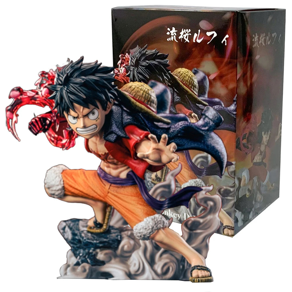 A 10cm One Piece Luffy Figures statue featuring Monkey D. Luffy with a Flowing Cherry Blossom Sakura theme, made of PVC for anime collections.