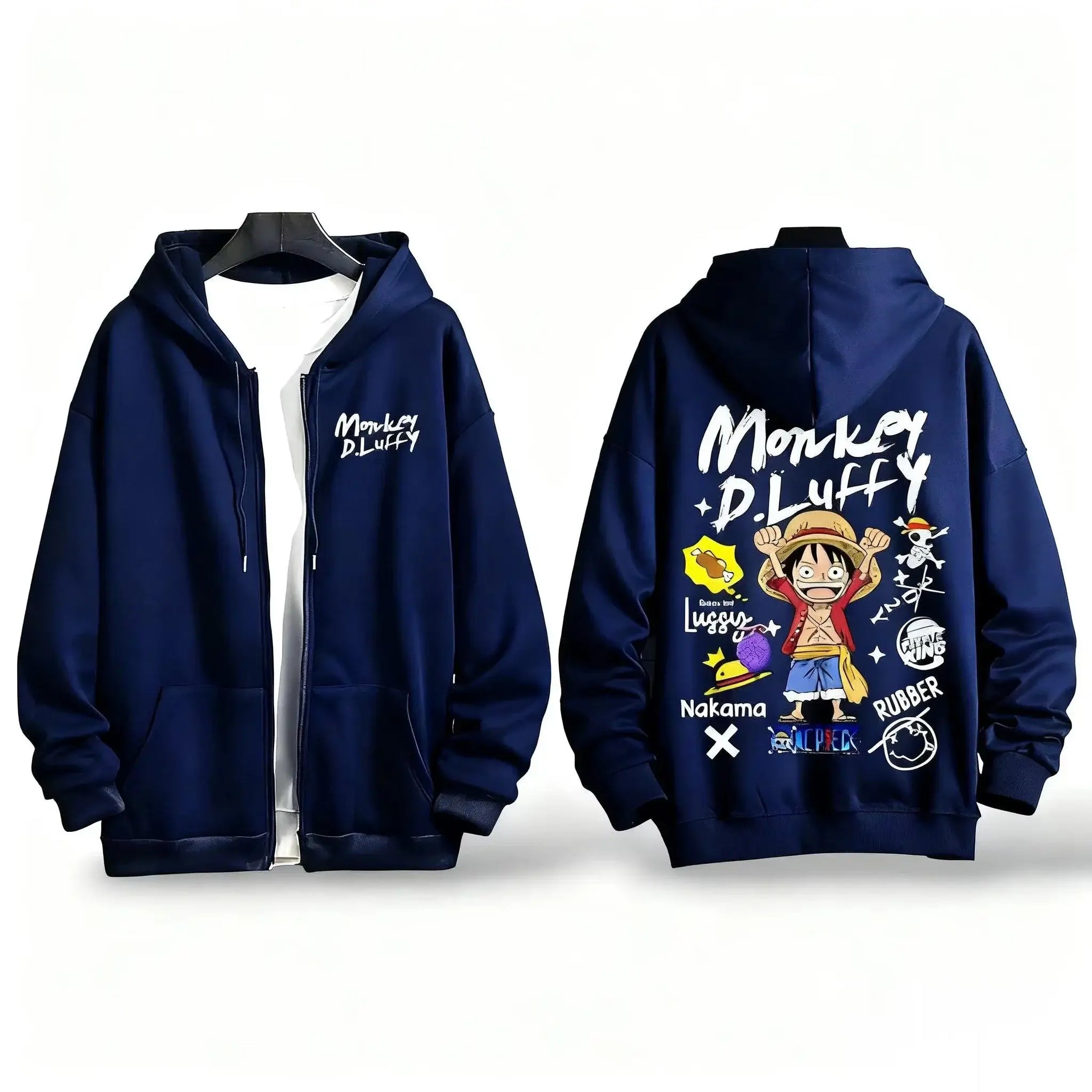 A warm, oversized One Piece Anime Zipper Hoodie in a Y2K style, suitable for men and women.