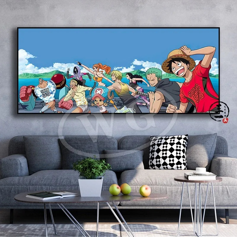 A high-quality One Piece decorative painting featuring Monkey D. Luffy, Roronoa Zoro, and Portgas D. Ace as a sofa background wall hanging.