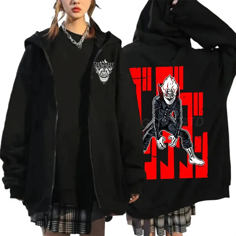 An oversized Anime Dandadan Ken Takakura Hoodie with a graphic print of Okarun, designed as a Harajuku male zipper jacket for men and women.