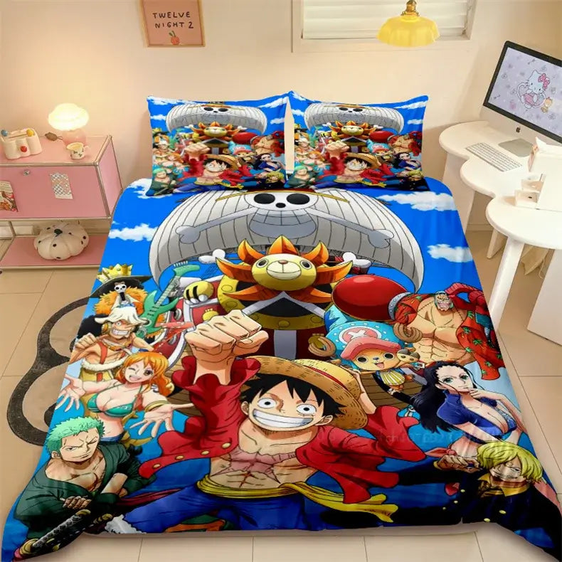 A comfortable Duvet Cover One Piece cartoon bedding set, showing the Straw Hat Pirates, an ideal holiday gift for friends and children.