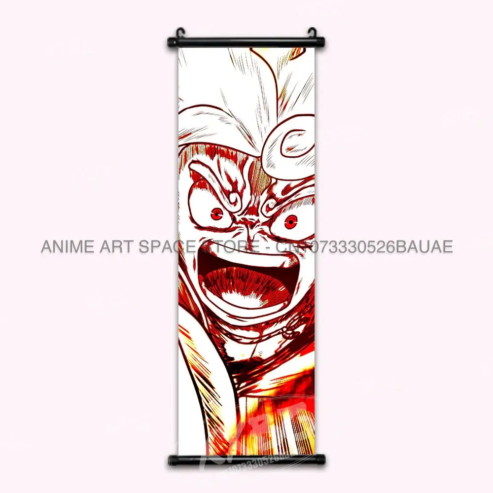 A vibrant One Piece Hanging Painting featuring anime characters Monkey D. Luffy, Portgas D. Ace, Sabo, and Shanks on a canvas scroll for home decor.