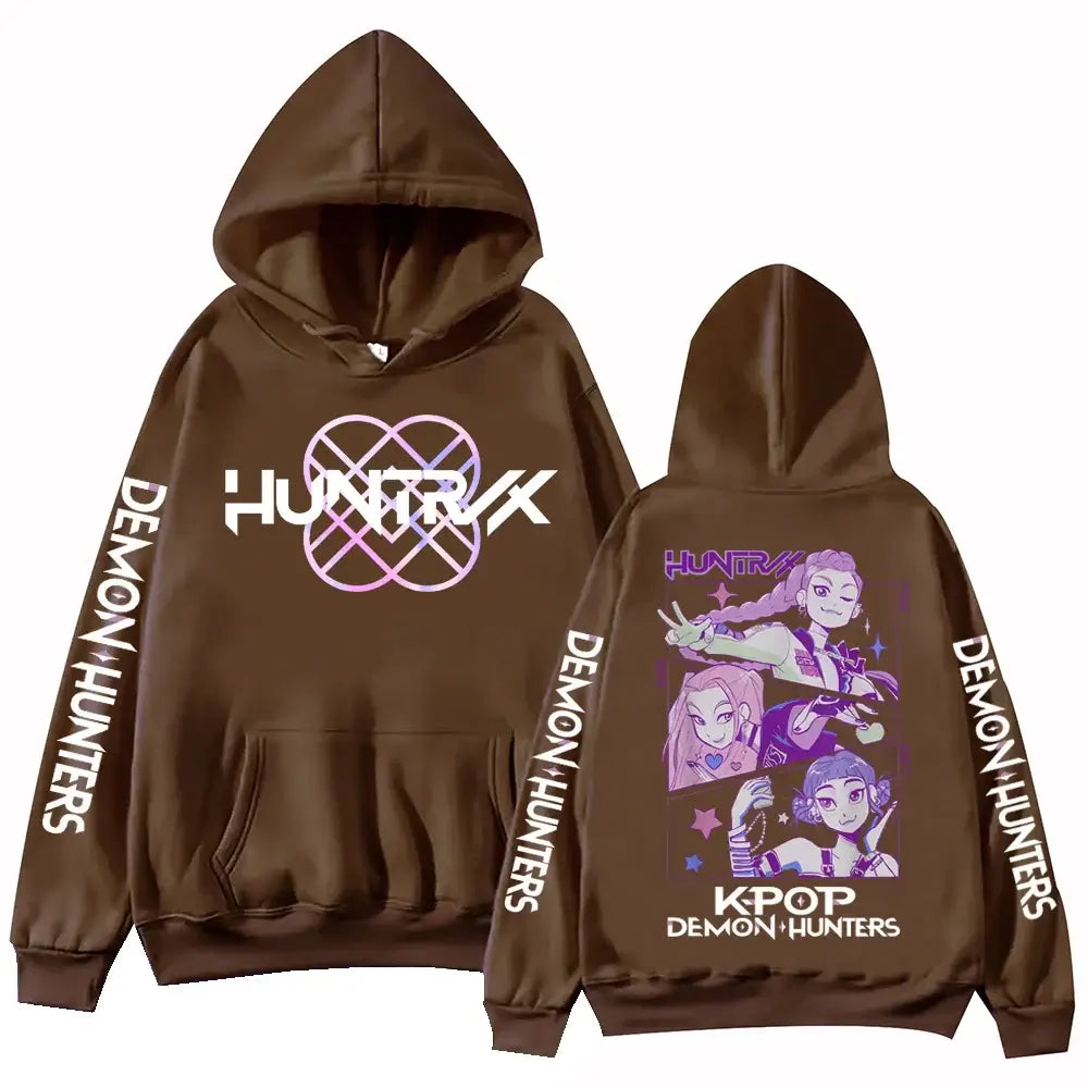A unisex Autumn Anime Demon Hunters Hoodie in a Y2K Harajuku hip hop style, designed as alphabet sportswear.