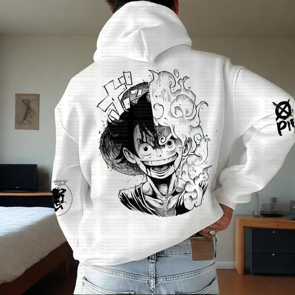 One Piece Luffy Hooded Sweater featuring a graphic design of Luffy on the back. Perfect for anime fans.