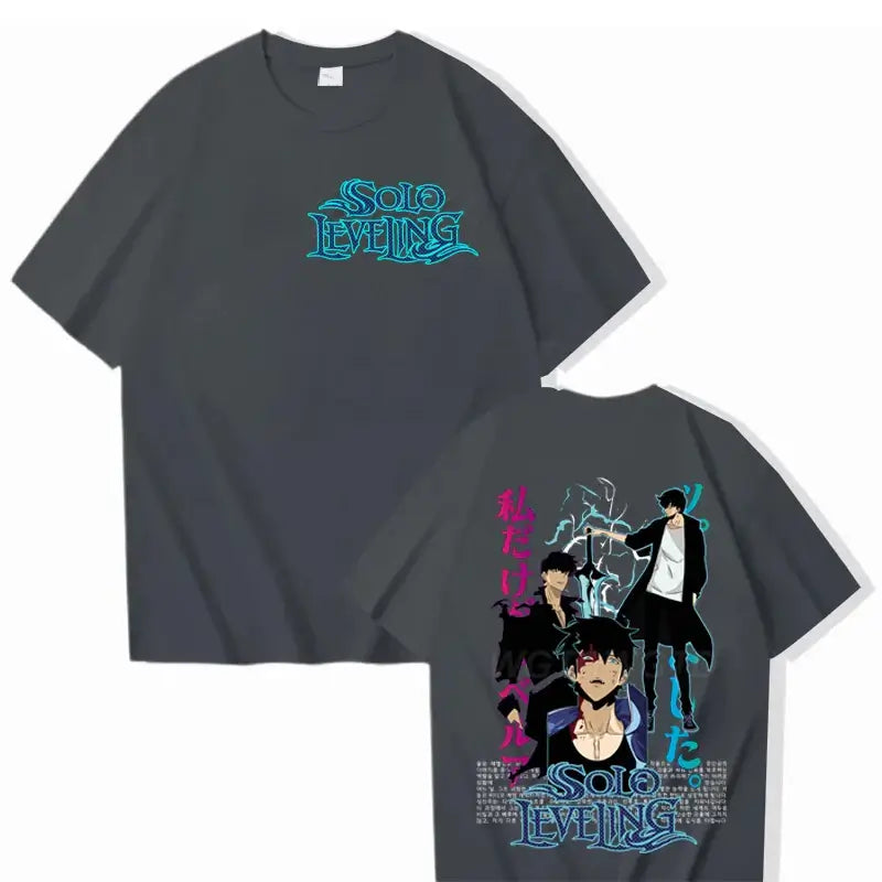 A cool black Solo Leveling T-shirt made of cotton, featuring a high-definition Sung Jinwoo anime graphic in Harajuku street style for men and women.