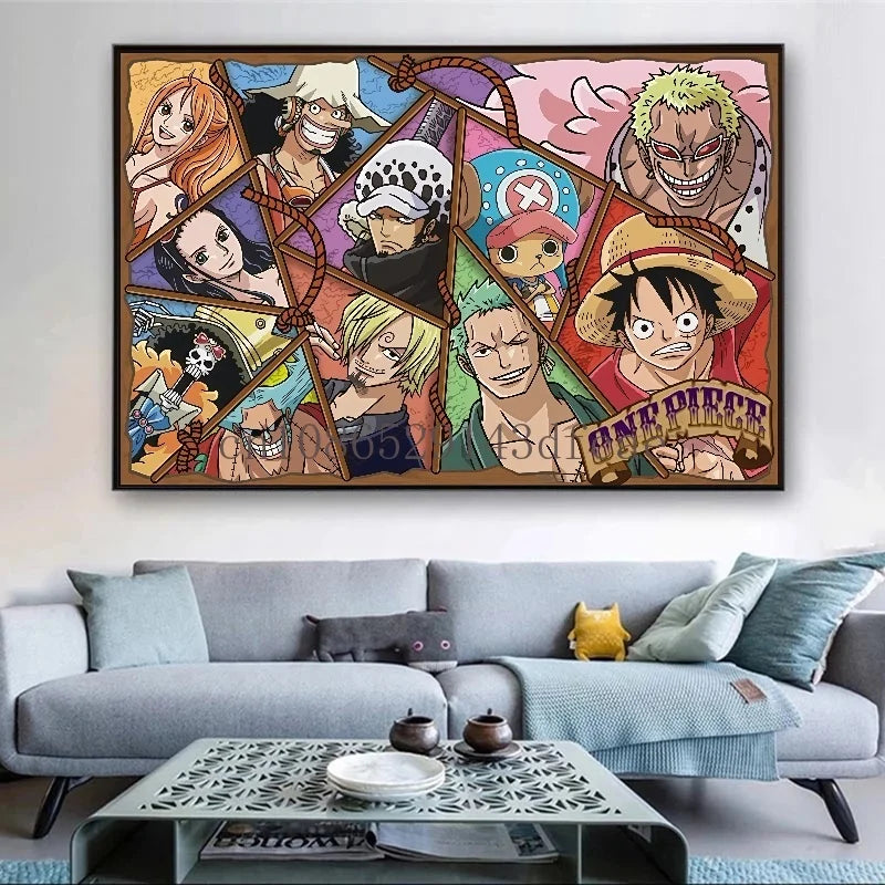 A high-definition One Piece Canvas Painting featuring Monkey D. Luffy in a watercolor art style, hanging on a modern living room wall.