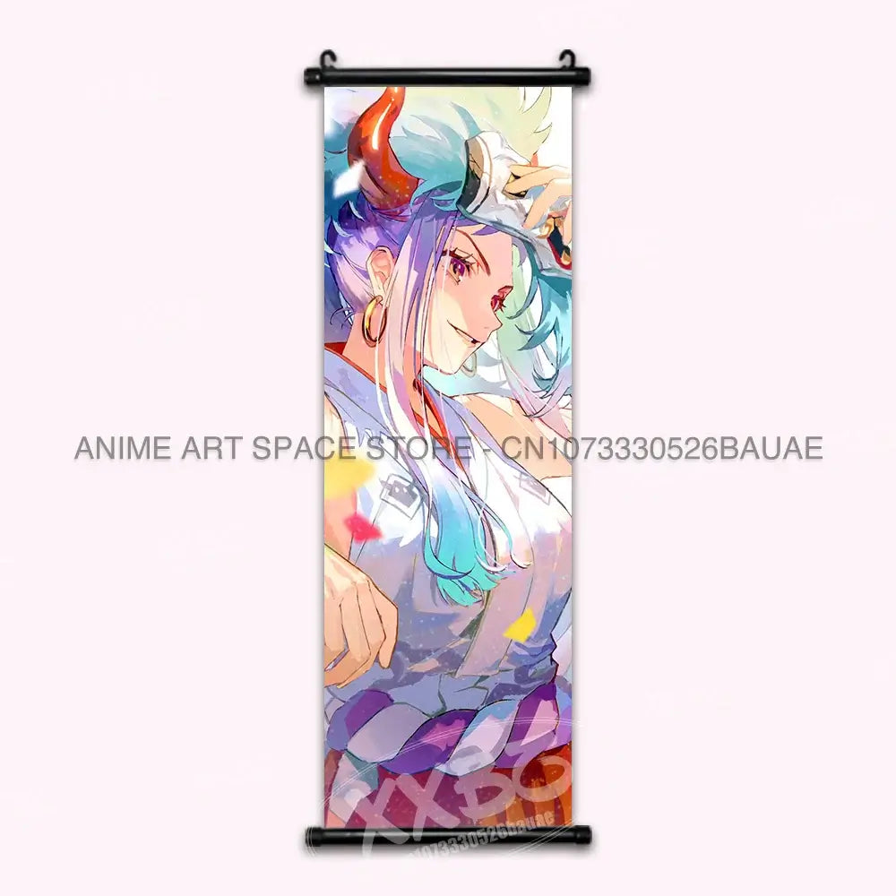 A vibrant One Piece Hanging Painting featuring anime characters Monkey D. Luffy, Portgas D. Ace, Sabo, and Shanks on a canvas scroll for home decor.
