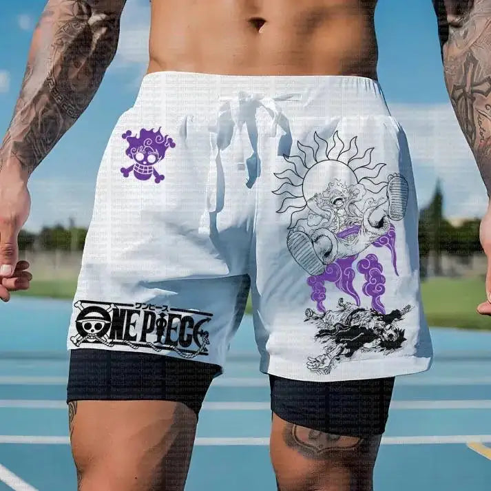 A man wearing the white One Piece Running Shorts for the gym, with a double layer and Straw Hat Crew design.