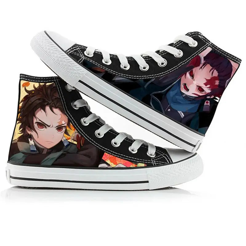A pair of kawaii Anime Demon Slayer Canvas Shoes in a hand-painted high-top sneaker style for boys and girls.