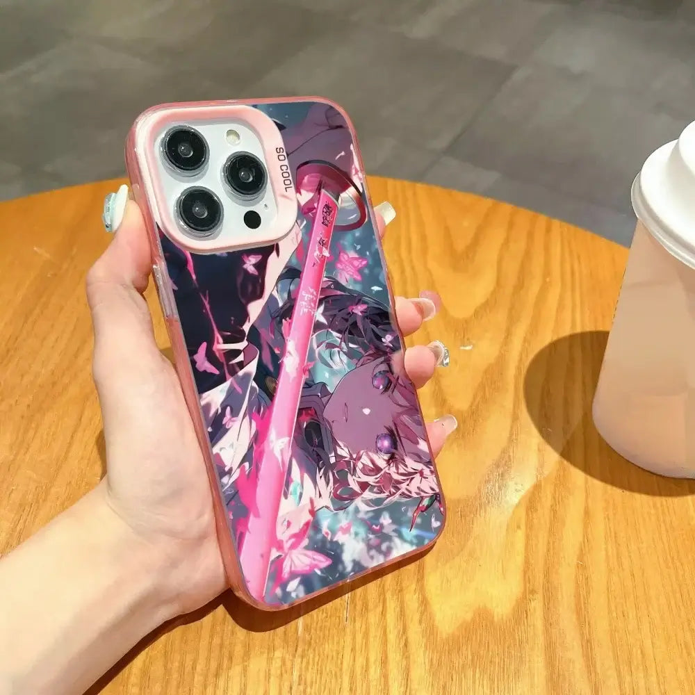 A matte black Demon Slayer Phone Case featuring cool anime character art and shockproof silicone protection for Apple iPhone 16, 15, and 14 Pro Max.