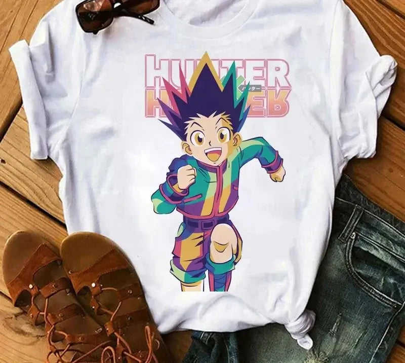 A woman wearing the casual vintage Japanese Anime Hunter X Hunter Graphic T Shirt.