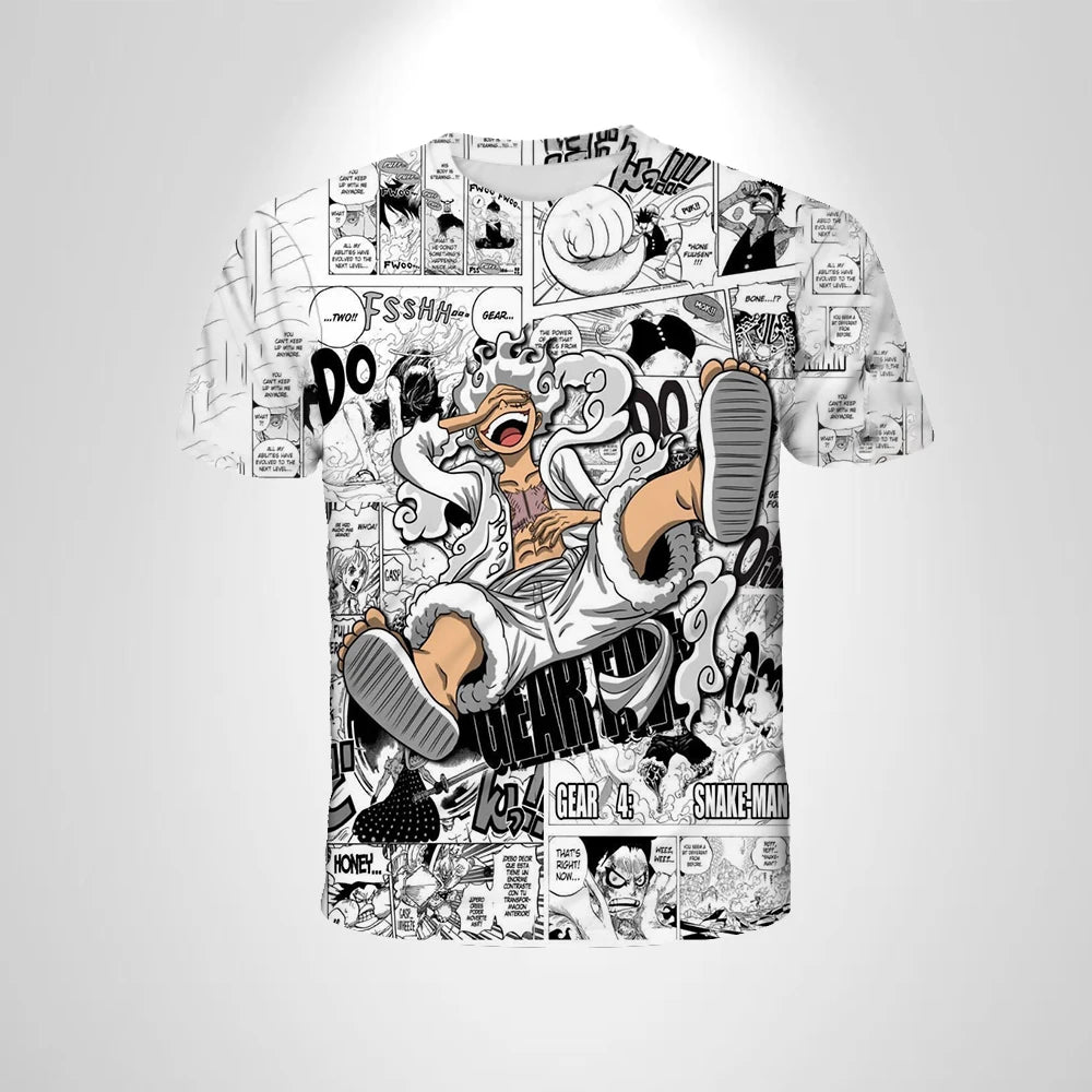 A loose-fit One Piece Luffy T-shirt featuring a cool cartoon Monkey D. Luffy graphic, designed for boys and men as casual anime streetwear.
