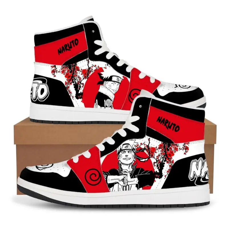Trendy black Akatsuki High-Top Sneakers featuring the red cloud anime symbol, comfortable casual basketball shoes for men.