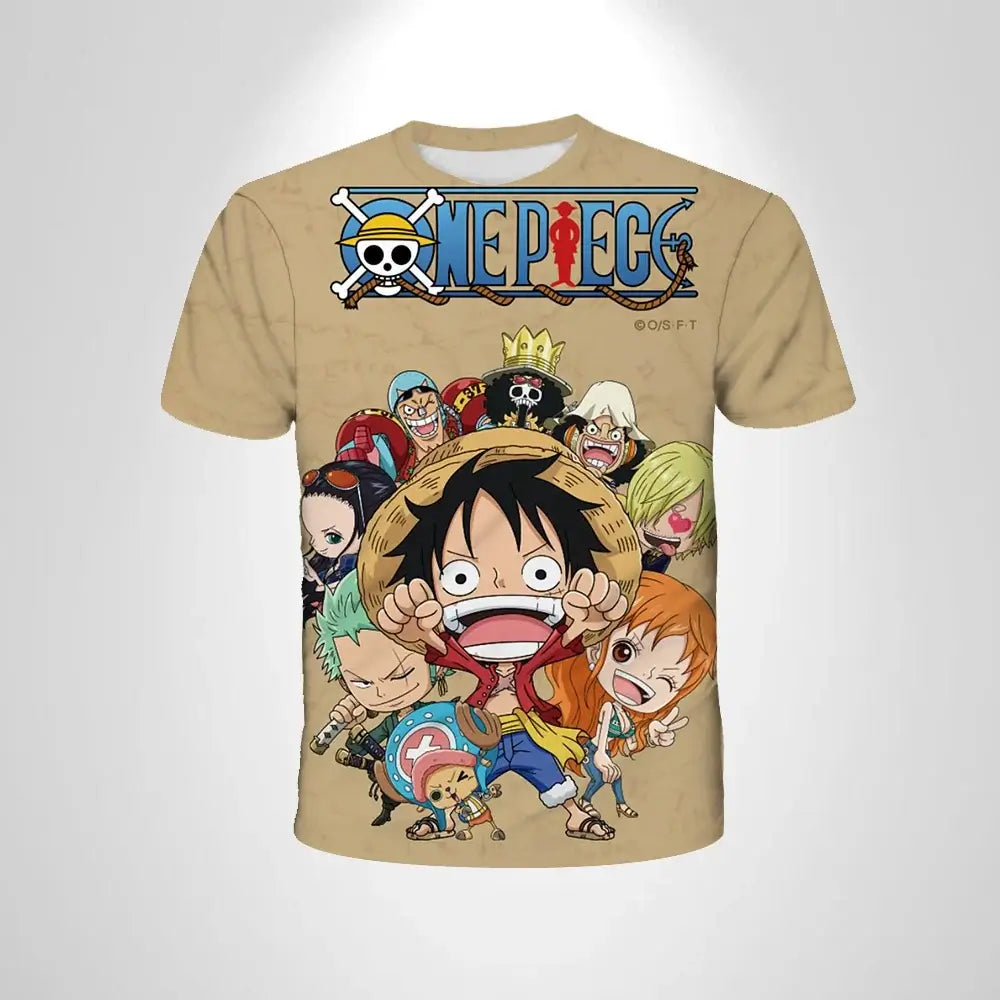 A black loose-fit One Piece Luffy T-shirt featuring a cartoon cosplay graphic of Monkey D. Luffy for men and boys.