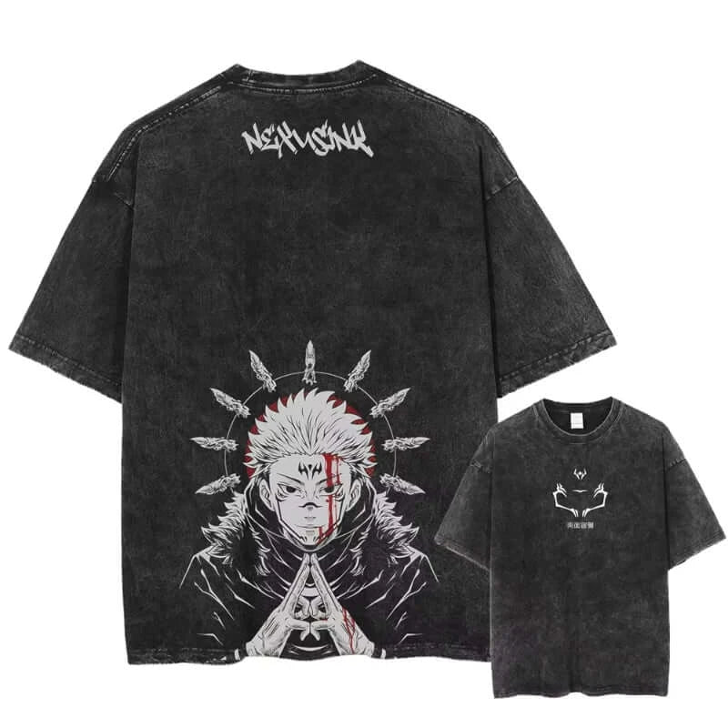 A vintage-style Ryomen Sukuna Washed T-Shirt in oversized cotton, featuring a high-definition graphic of the King of Curses for anime streetwear.
