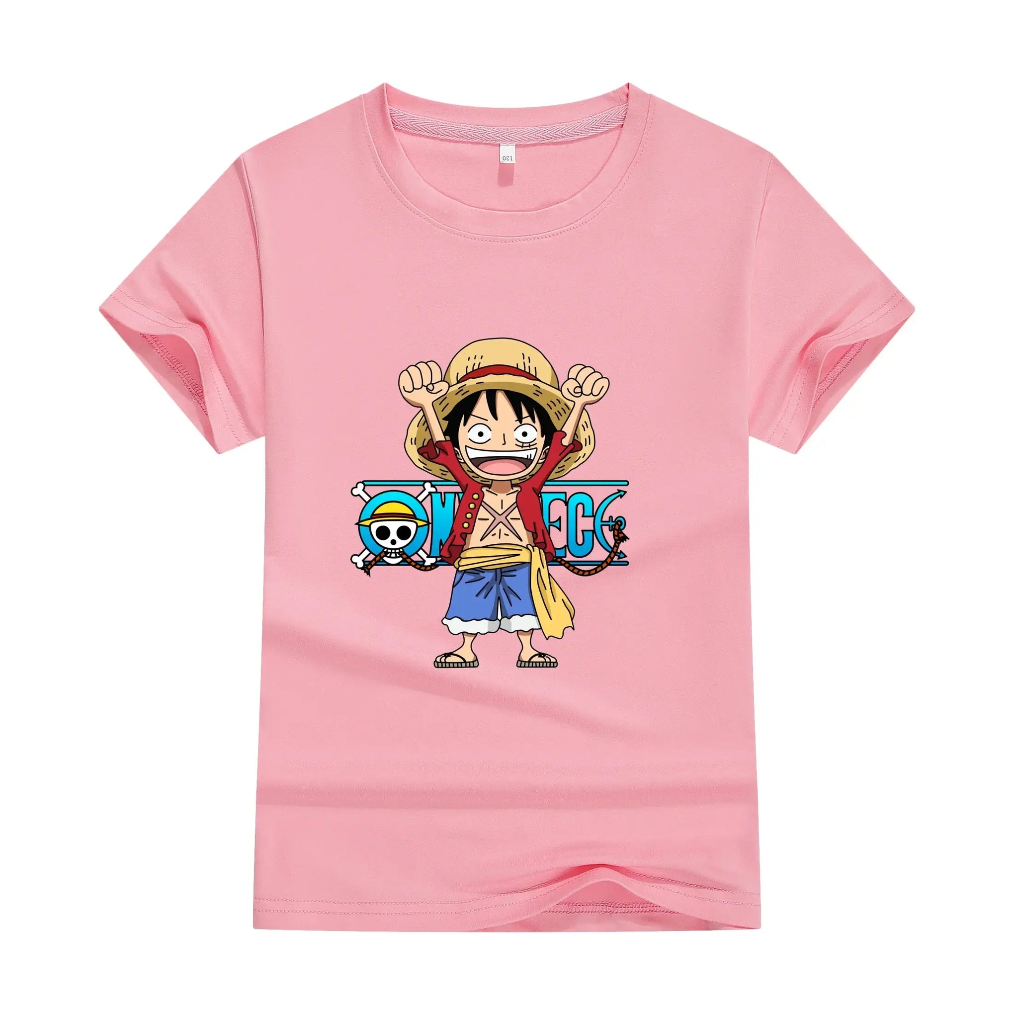 A cute unisex One Piece Anime Cotton T-shirt with a cartoon print, ideal as a summer fashion gift for boys and women.