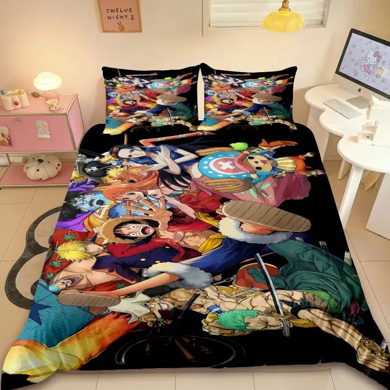A comfortable Duvet Cover One Piece cartoon bedding set, showing the Straw Hat Pirates, an ideal holiday gift for friends and children.