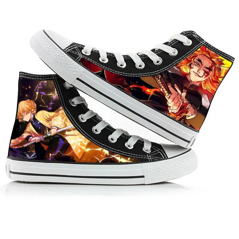A pair of kawaii Anime Demon Slayer Canvas Shoes in a hand-painted high-top sneaker style for boys and girls.