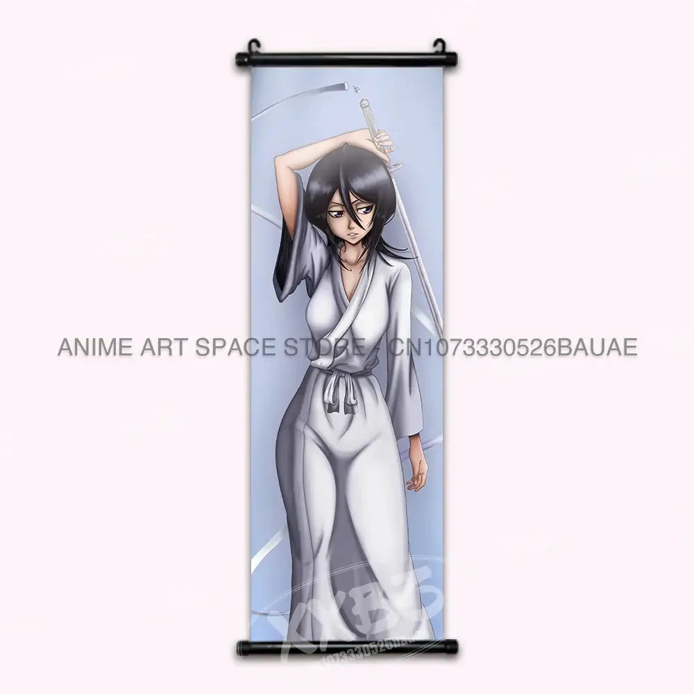 High-quality Bleach Anime Posters Japanese hanging scroll featuring Kurosaki Ichigo and Kuchiki Rukia printed on durable canvas for home decor.