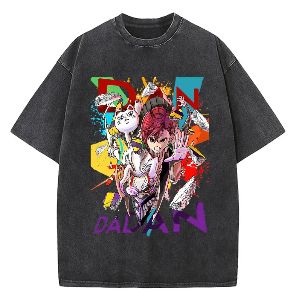 A high-quality cotton men's Dandadan Okarun T-shirt with a Japanese anime cartoon print and aesthetic fashion design.