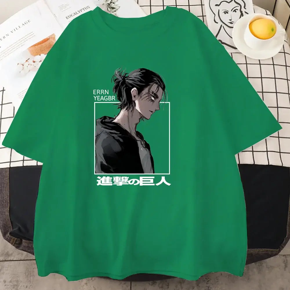 A cool street style Eren Jaeger T-Shirt with a graphic print from Attack on Titan for men and women.