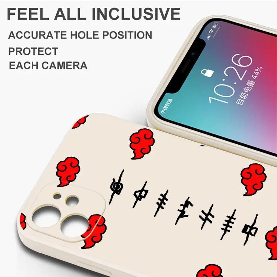 A black Akatsuki Cloud Phone Case featuring the red cloud symbol pattern, compatible with Apple iPhone 16, 15, 14 Pro Max, and 13.