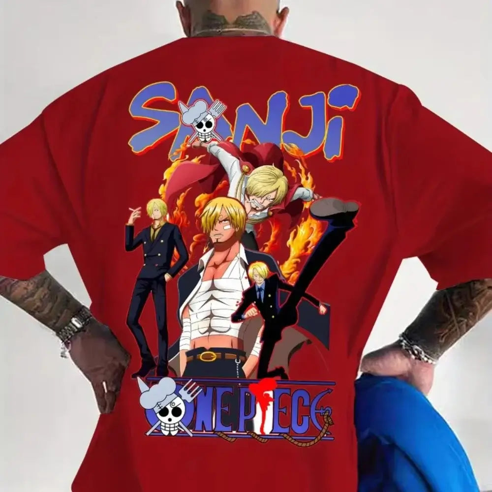 A trendy 2026 MINISO One Piece TShirt made of soft cotton, featuring a graphic print of Luffy, Zoro, and Sanji for men and women.