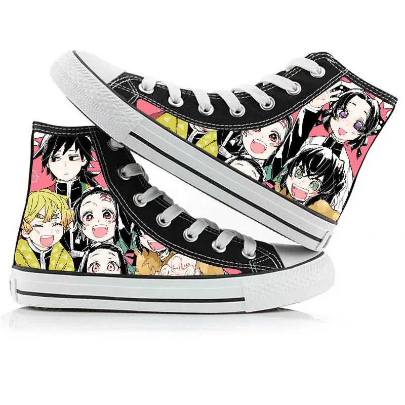 A pair of kawaii Anime Demon Slayer Canvas Shoes in a hand-painted high-top sneaker style for boys and girls.